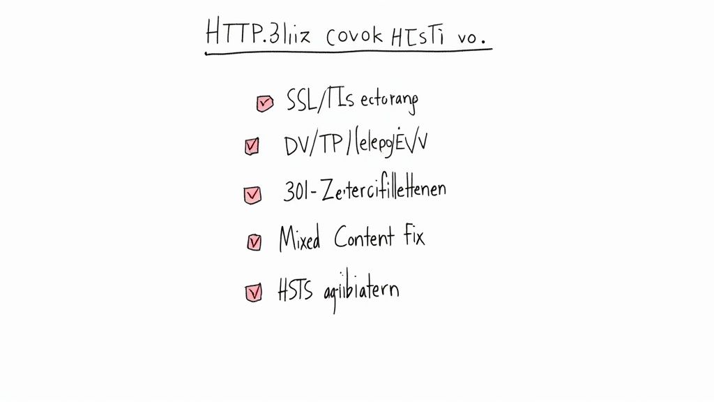 Handgeschriebene Checkliste mit Schritten zur Web-Sicherheit und HTTPS-Implementierung, inklusive SSL/TLS und HSTS.