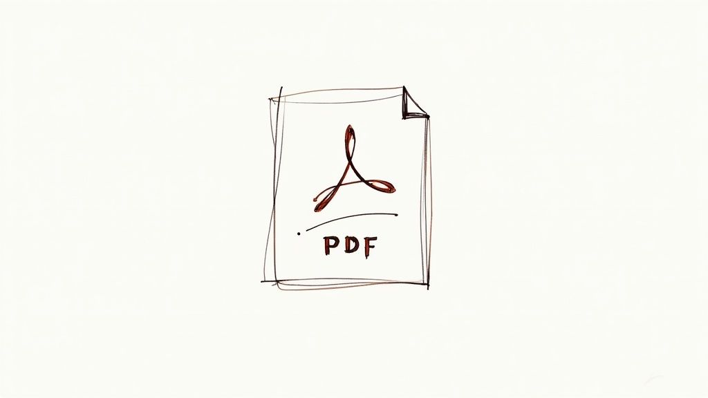 Handgezeichnetes Symbol einer PDF-Datei mit dem Adobe Acrobat Logo und der Aufschrift „PDF“ auf weißem Hintergrund.