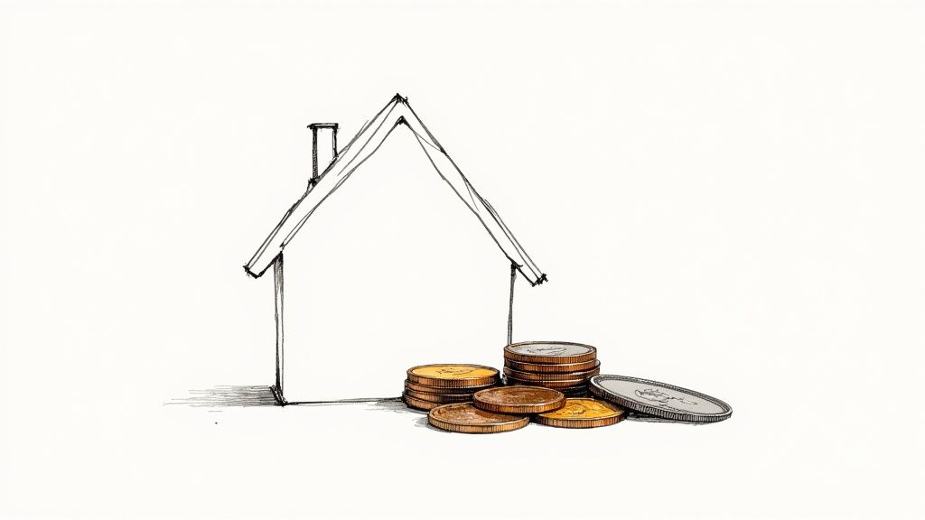Strichzeichnung eines Hauses mit einem Stapel Münzen darunter, symbolisiert Hauskauf und Finanzierung.