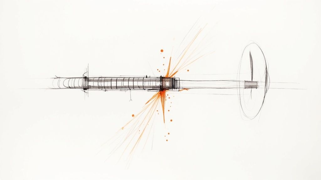 Skizze einer Spritze mit einem orangefarbenen Aufprallpunkt und Spritzern in der Mitte.