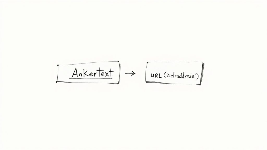 Diagramm zeigt, wie ein Ankertext auf eine URL oder Zieladresse verweist, grundlegend für die Verlinkung.