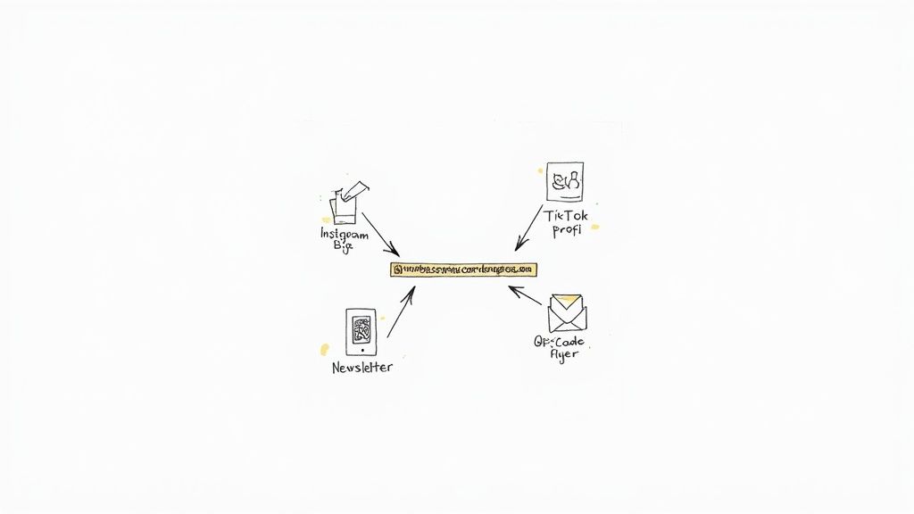 Infografik, die zeigt, wie verschiedene Online- und Offline-Kanäle auf eine zentrale URL verweisen.