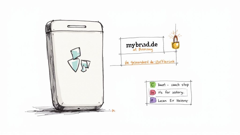 Ein Diagramm zeigt, wie ein Kurzlink verschiedene Marketingkanäle verbindet.