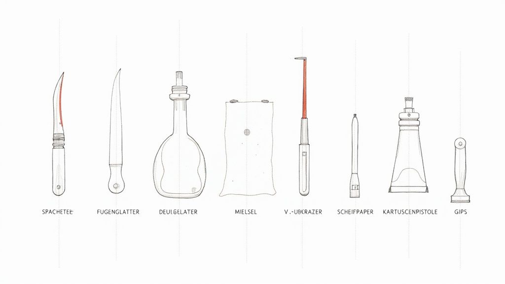 Eine Reihe von Werkzeugskizzen, die für Reparaturarbeiten wie Spachteln und Glätten verwendet werden.