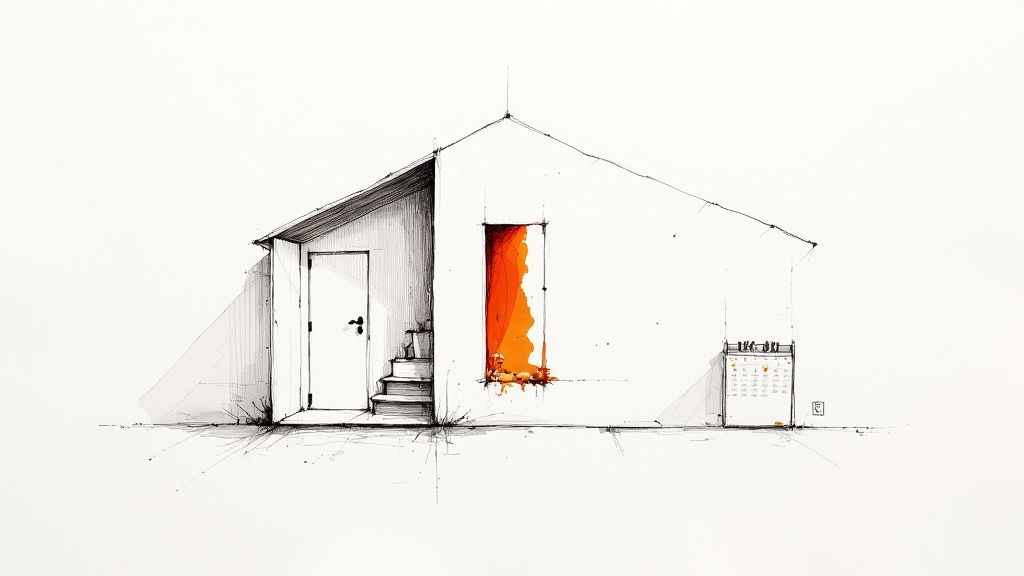 Eine Person inspiziert eine rissige Wand in einem unfertigen Gebäude.