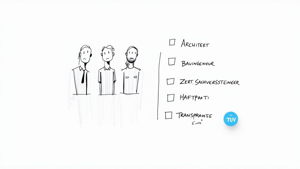 Skizze von drei Männern und einer Checkliste mit Berufen wie Architekt, Bauingenieur und Sachverständiger, mit TÜV-Logo.