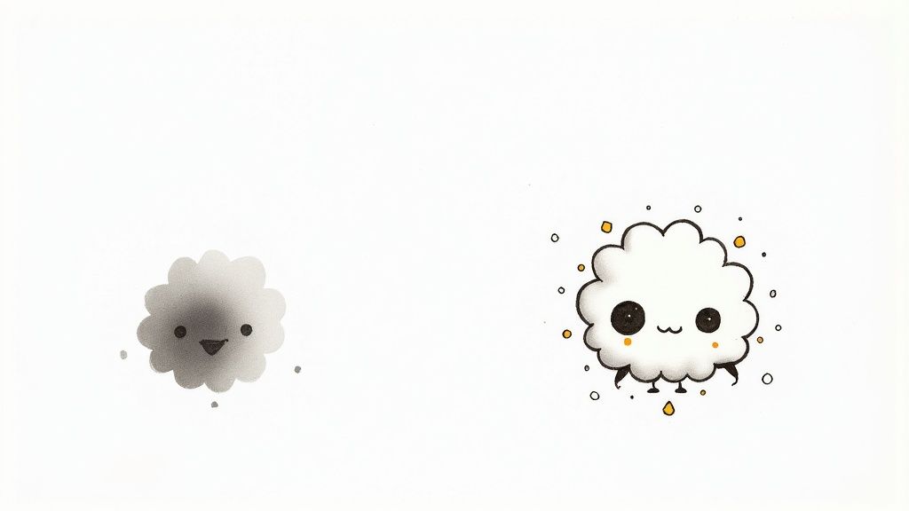 Ein Kind schaut auf einen Farbfleck auf seinem Papier und verwandelt ihn mit einem Stift kreativ in eine lustige Figur.