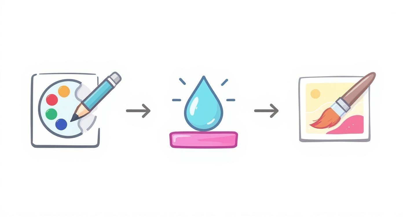 Diese Infografik zeigt den einfachen Prozess vom Auswählen der Farben über das Mischen bis hin zum Malen mit einem Pinselstrich.