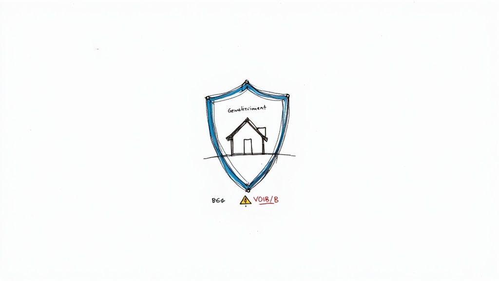 Handgezeichnetes blaues Schild schützt ein Haus.