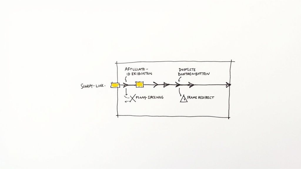 Flussdiagramm zeigt einen Prozess von Schritt-Link zu Affiliate-ID-Erfassung und Frame-Weiterleitung.