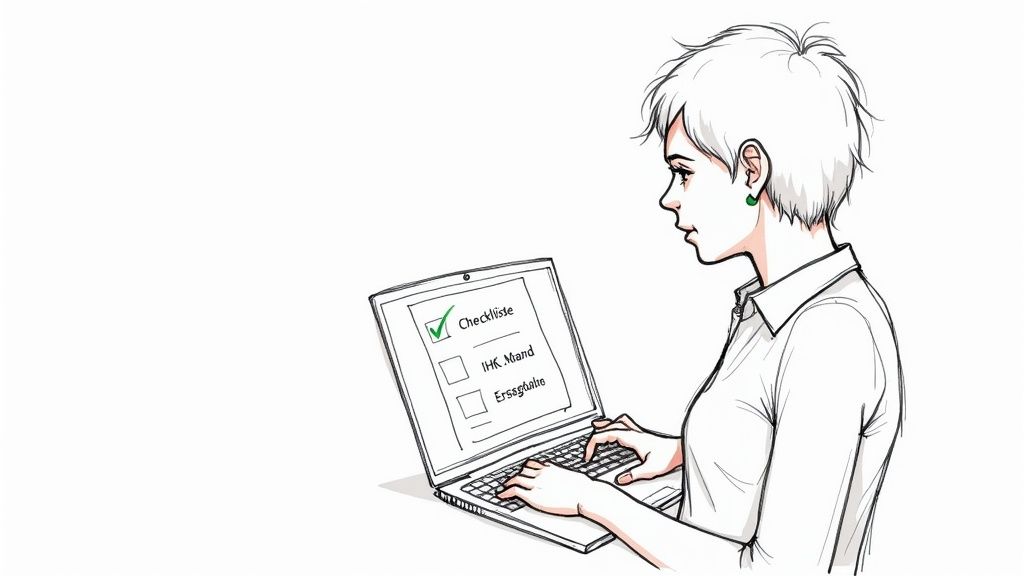 Eine Frau arbeitet am Laptop und bearbeitet eine digitale Checkliste.