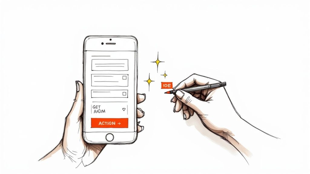 Eine Hand hält ein Smartphone mit einem Formular und einer roten 'ACTION'-Taste. Eine andere Hand schreibt daneben.