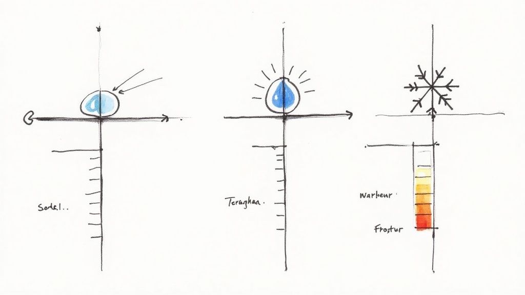 Drei Diagramme illustrieren den Einfluss von Nässe, Trocknung durch Sonneneinstrahlung und Frost auf Baumaterialien.