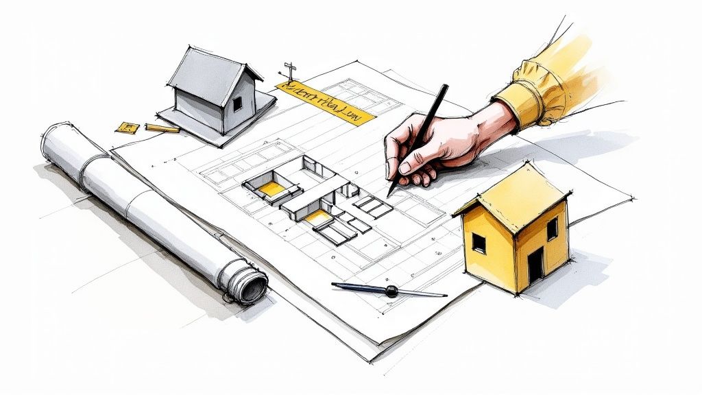 Architekt zeichnet einen Hausplan mit Modellhäusern und einer Bauzeichnung auf Papier.