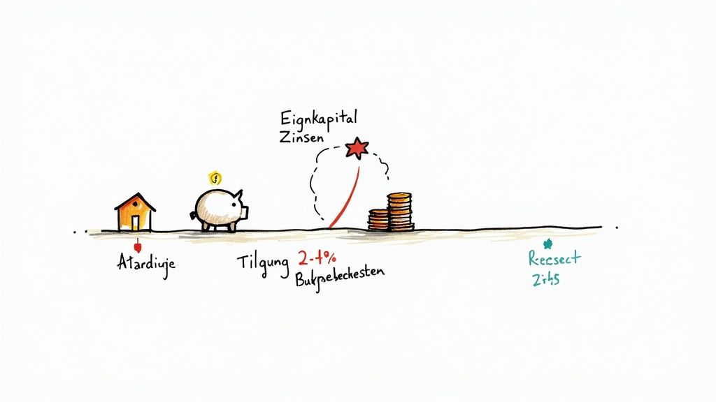 Handgezeichnete Zeitleiste zum Thema Immobilienfinanzierung mit Eigenkapital, Zinsen und Tilgung.