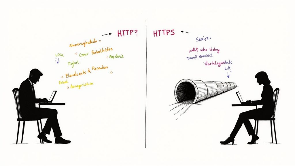 Illustration des Unterschieds zwischen HTTP (ungesichert, offene Daten) und HTTPS (gesichert, Daten durch Tunnel).