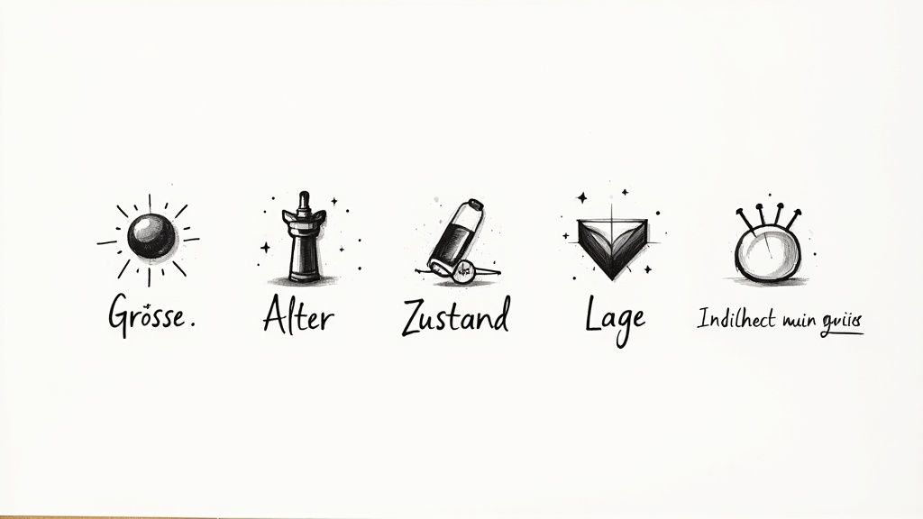 Handgezeichnete Symbole für Bewertungskriterien: Größe, Alter, Zustand, Lage und ein weiteres Element.