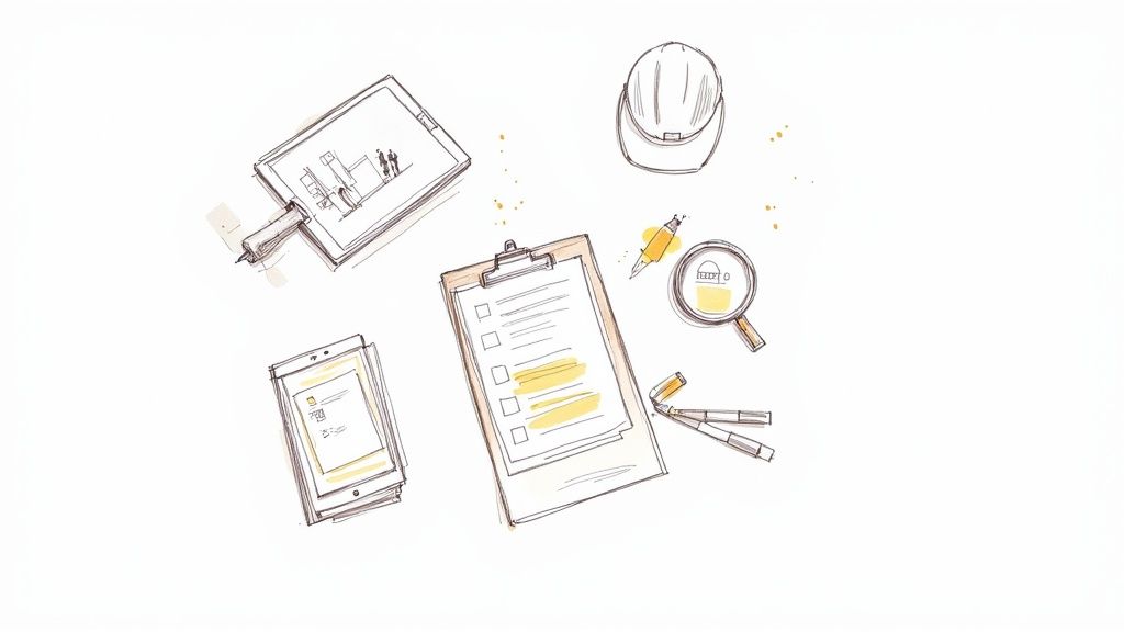 Skizze von Bau-Dokumenten und Werkzeugen: Tablet mit Bauplan, Checkliste, Schutzhelm und Lupe auf weißem Hintergrund.