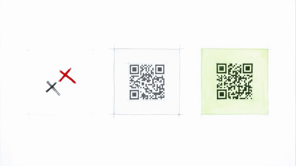 Ein Smartphone versucht, einen fehlerhaften, unscharfen QR-Code zu scannen, mit einem roten X-Symbol darüber.