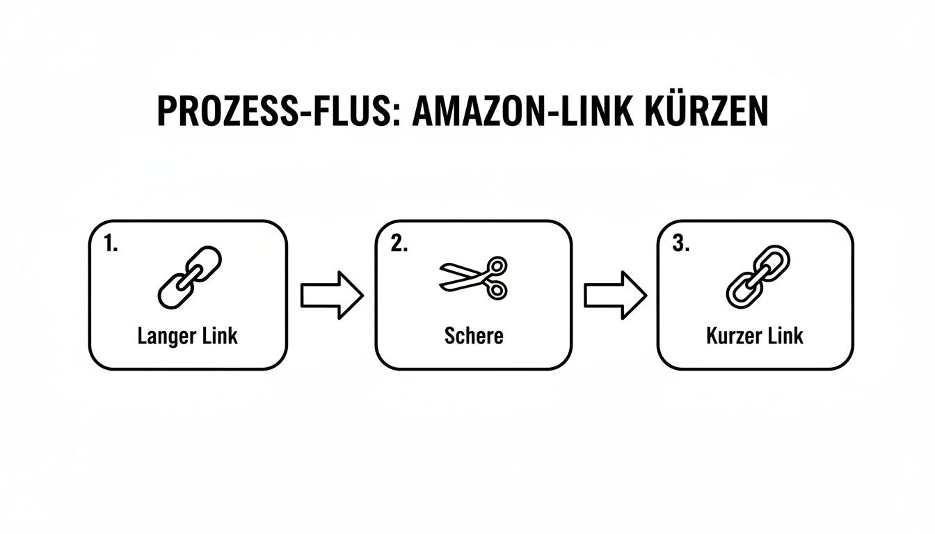 Ein Prozessflussdiagramm zeigt, wie man einen langen Amazon-Link mit einer Schere zu einem kurzen Link kürzt.