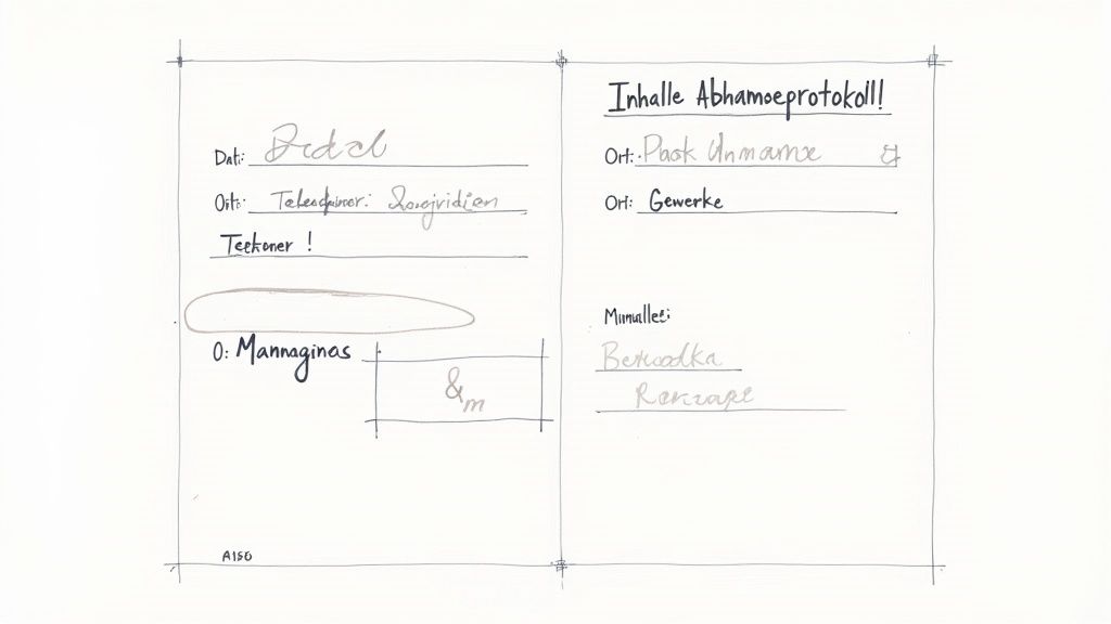 Handschriftliches Dokument für ein Abnahmeprotokoll mit verschiedenen Eintragungen und Feldern.