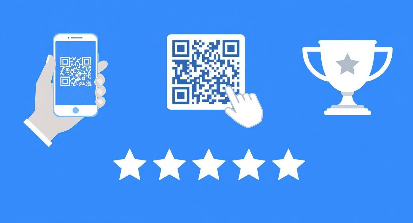 Hand hält Smartphone mit QR-Code, Finger tippt auf QR-Code, Trophäe und fünf Sterne symbolisieren Belohnung und Bewertung.