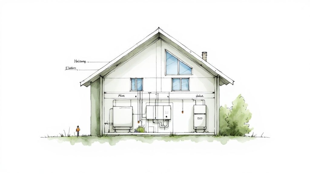 Schnittzeichnung eines Hauses mit sichtbaren Heizungs- und Elektroinstallationen, umgeben von Gras und einem kleinen Menschen.
