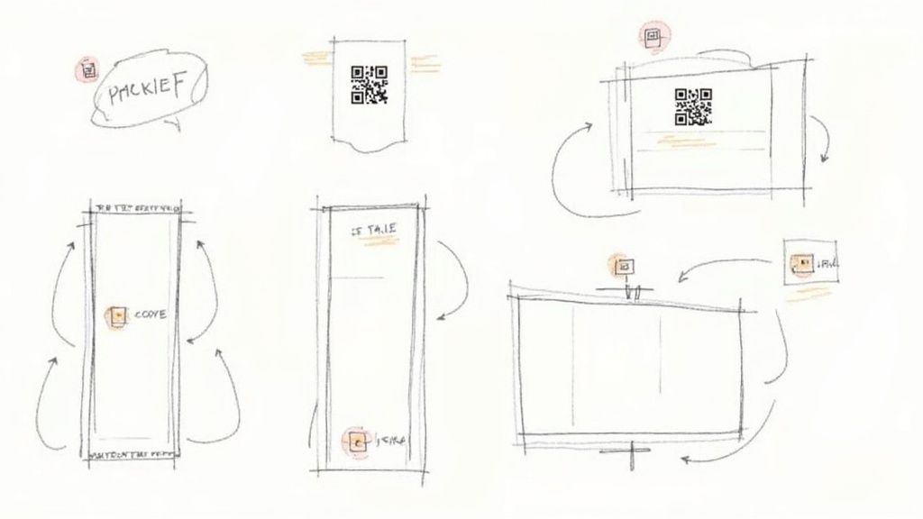 Skizzen von QR-Code-Layouts für Produkte und Verpackungen mit Anmerkungen zu Größe und Versand.