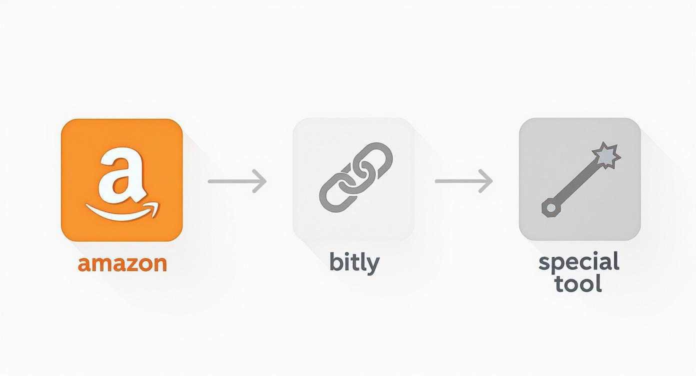 Der Prozess des Kürzens von Amazon-Links, dargestellt durch Symbole für Amazon, Bitly und ein spezielles Tool.