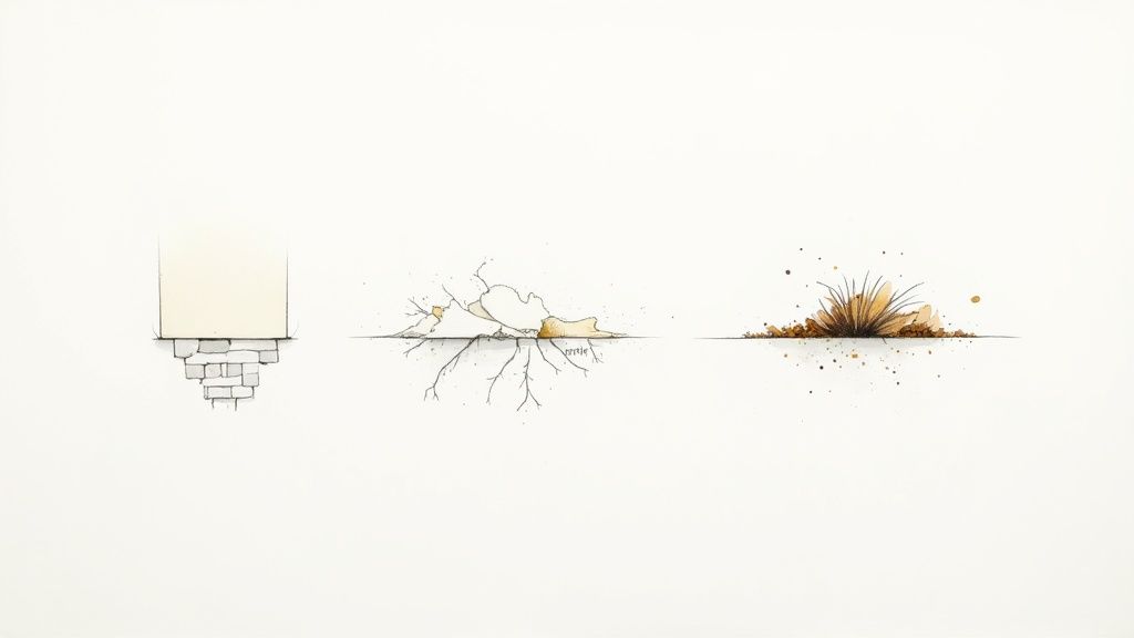 Feuchter Keller mit Wasserpfützen auf dem Boden und abblätterndem Putz an den Wänden