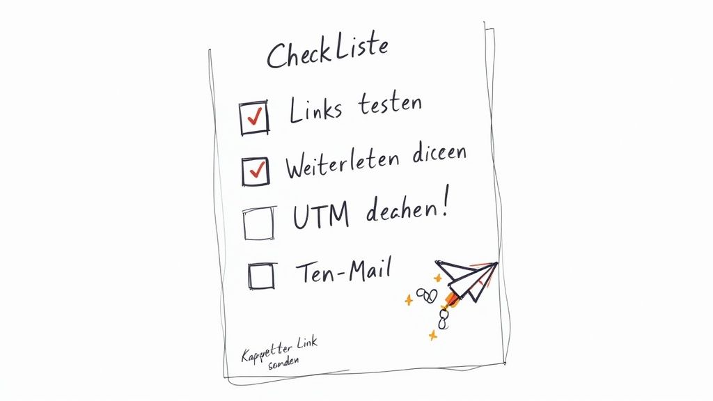 Checkliste mit Aufgaben wie Links testen, Weiterleitungen prüfen und UTM-Parameter einrichten vor dem Versand.