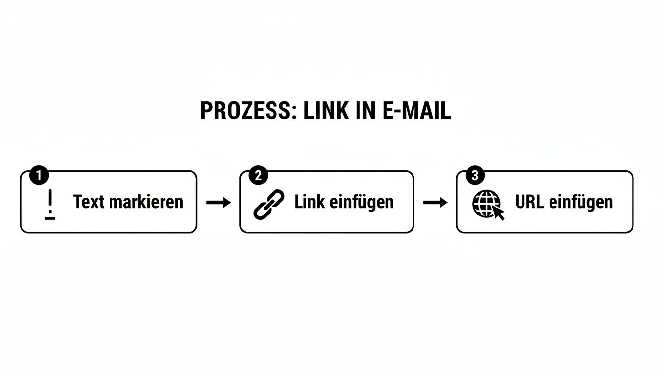 Diagramm zeigt den dreistufigen Prozess zum Einfügen eines Hyperlinks in eine E-Mail: Text markieren, Link einfügen, URL eingeben.
