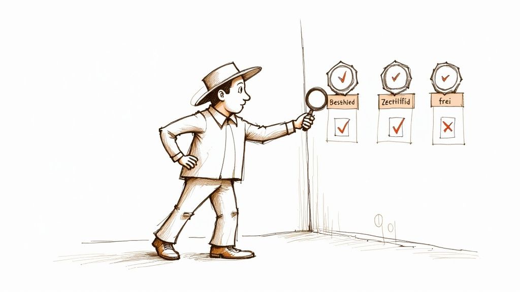 Ein Mann mit Hut und Lupe prüft Checklisten an einer Wand.