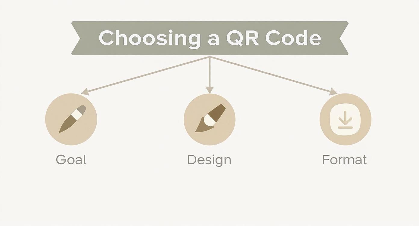 Infografik zeigt drei Schritte zur Auswahl eines QR-Codes: Ziel, Design und Format mit entsprechenden Symbolen