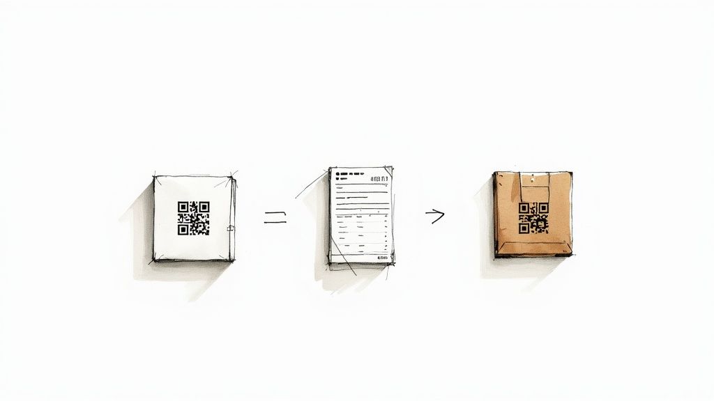 Eine Skizze zeigt die Übertragung von Informationen mittels QR-Codes von einem Dokument auf eine Box.