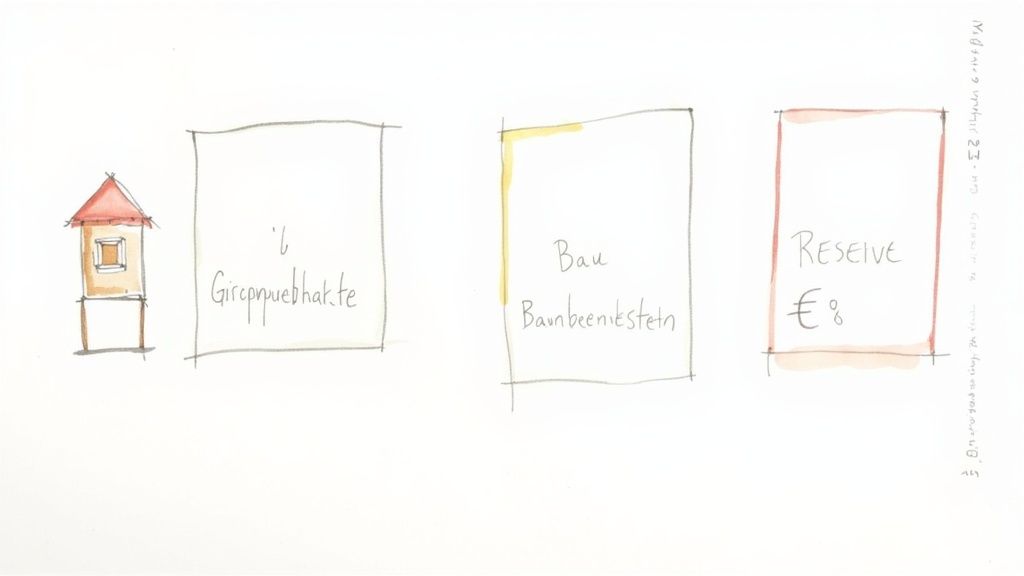 Handgezeichnete Skizze zeigt Gitterhütte, Greppnutblaffe, Bau Bambeemstein und Reserve acht Euro für DIY Hausbau