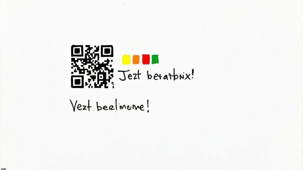 QR-Code und handschriftlicher Text auf weißem Hintergrund mit vier farbigen Quadraten.