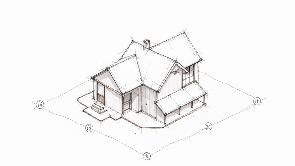 Isometrische Architekturskizze eines Einfamilienhauses mit nummerierten Bauelementen für Renovierung und Sanierung