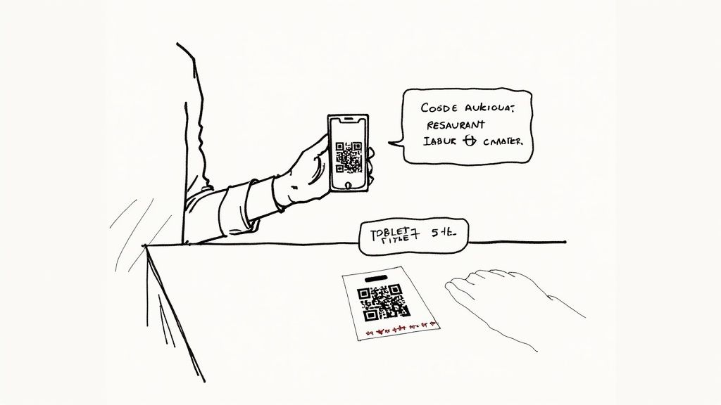 Eine Hand hält ein Smartphone mit einem QR-Code, während ein weiterer QR-Code auf einem Tisch liegt. Sprechblasen mit Text sind sichtbar.