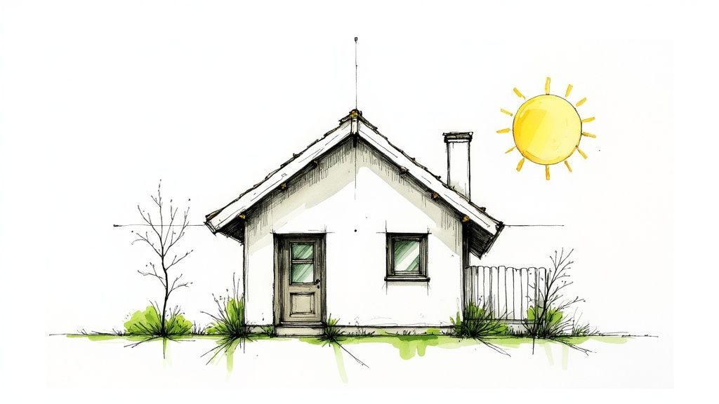 Skizze eines kleinen weißen Hauses mit Schornstein, einem kahlen Baum und strahlender Sonne.