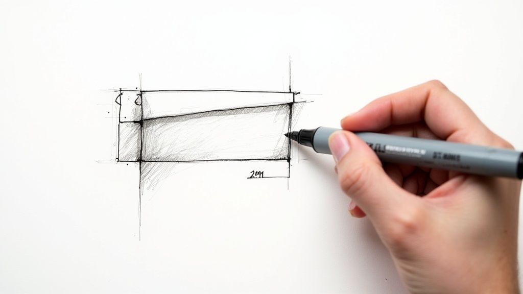 Eine Hand zeichnet mit einem grauen Marker eine perspektivische Skizze eines Rechtecks auf weißem Papier, mit Schraffuren und Hilfslinien.
