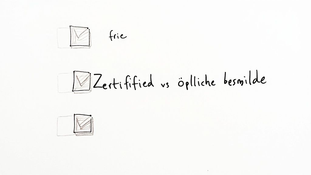 Eine Expertin prüft sorgfältig Dokumente und Zertifikate an einem Schreibtisch.