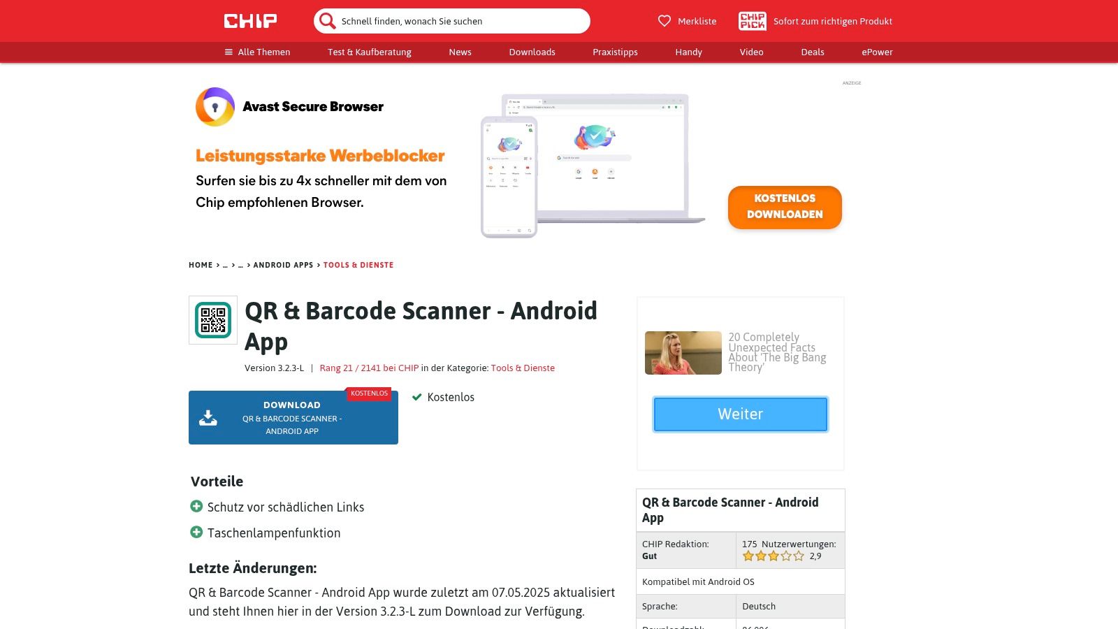 CHIP.de Downloadseite – QR & Barcode Scanner (TeaCapps)