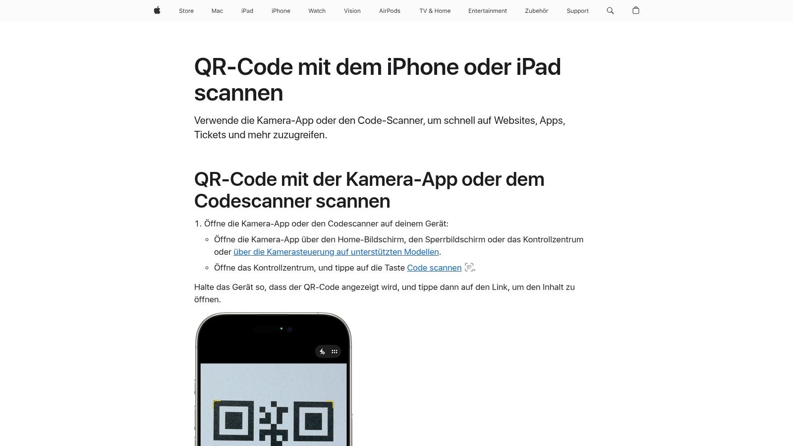 Apple Support (DE) – QR‑Code mit dem iPhone oder iPad scannen