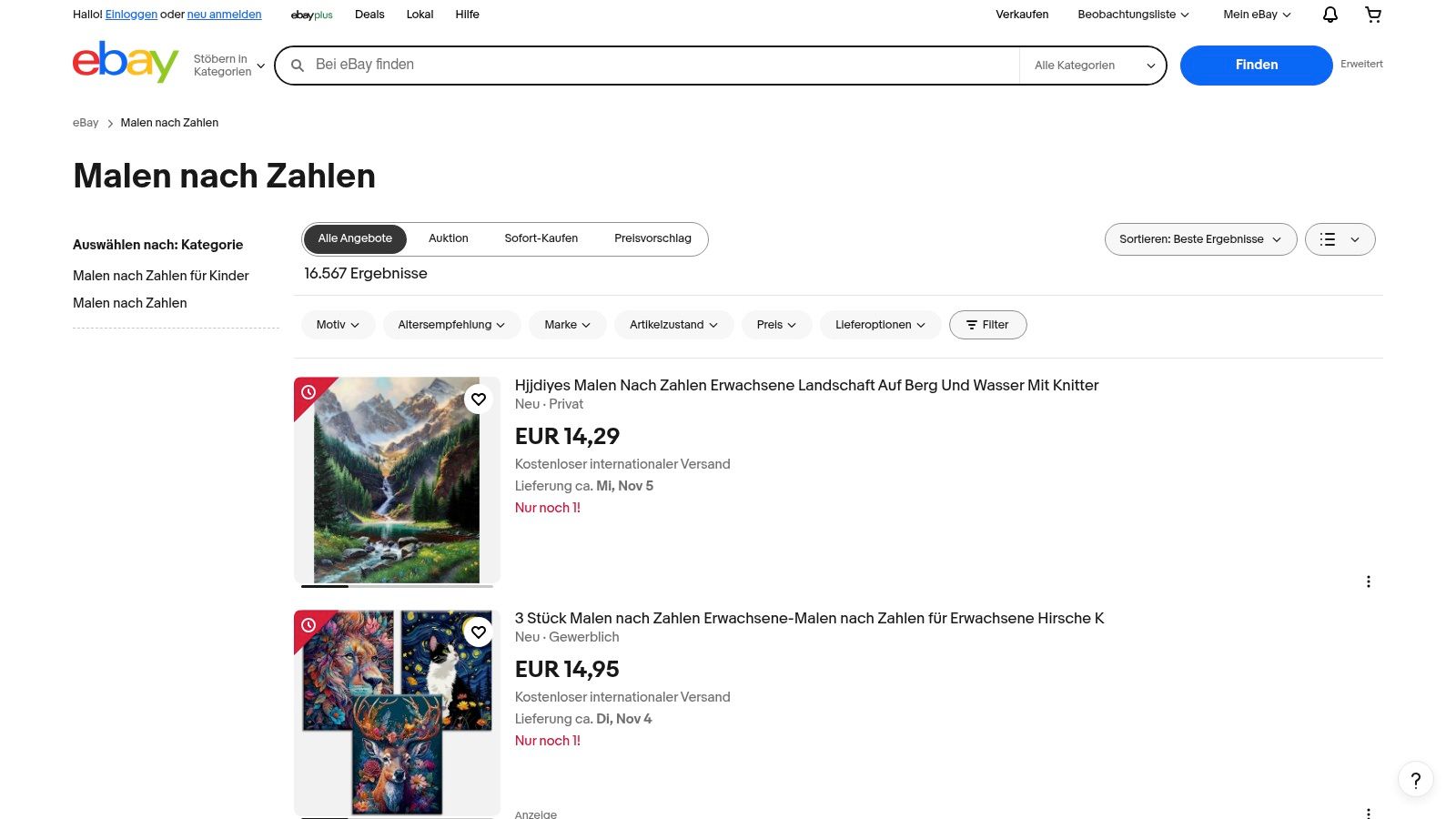eBay.de – Kategorie „Malen nach Zahlen“