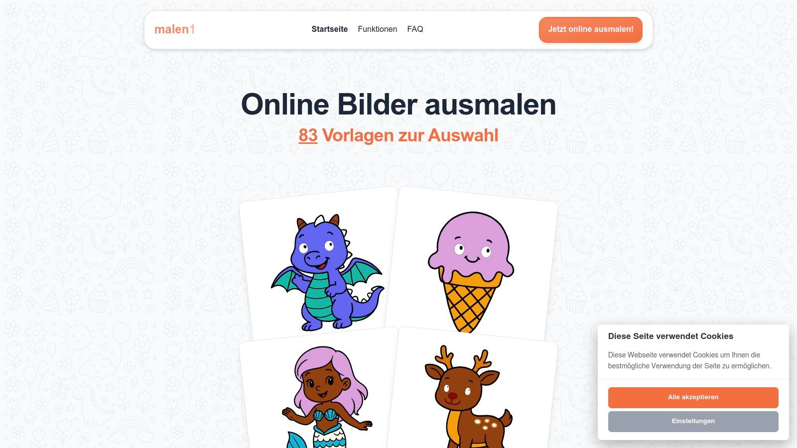 Screenshot der malen1 Website mit bunten Malvorlagen