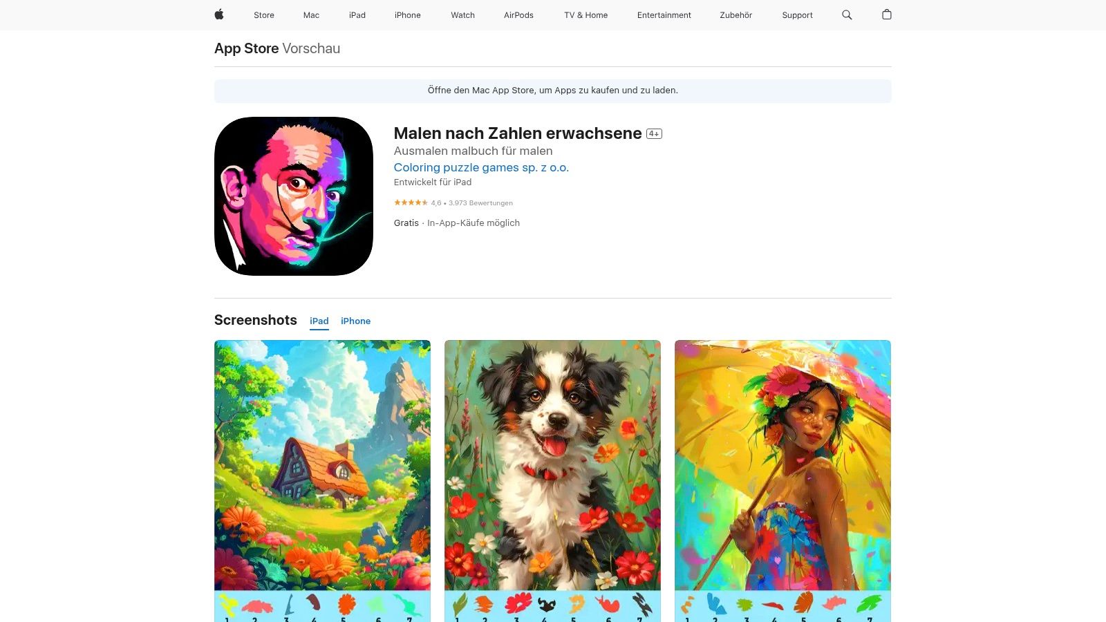 App Store (DE): „Malen nach Zahlen – Erwachsene" (Mobile App)