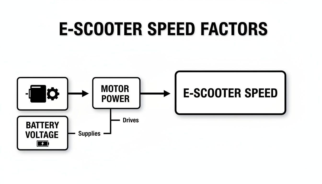 A flowchart illustrating E-Scooter speed factors, showing motor power driven by battery voltage leading to E-Scooter speed.