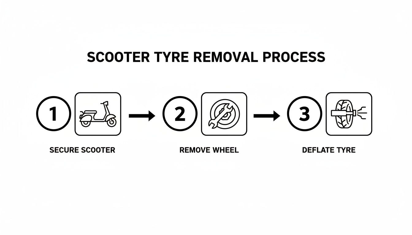 Infographic illustrating the 3-step process for scooter tyre removal: secure scooter, remove wheel, and deflate tyre.