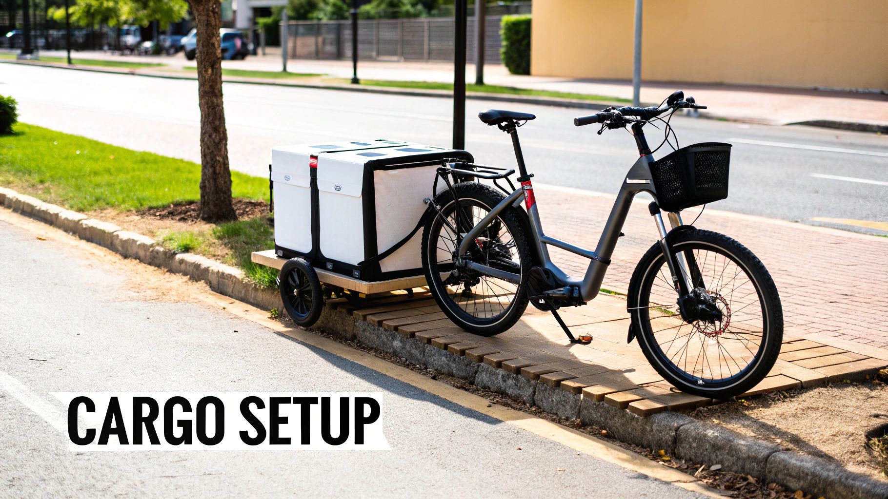 A gray electric bicycle with a front basket and a large white cargo trailer on a sidewalk ramp.